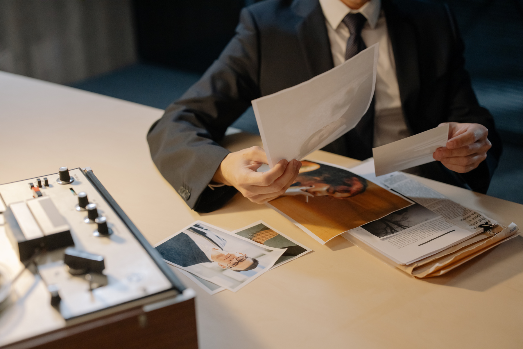 Imagen de un detective privado en Murcia analizando documentos empresariales. Representa la investigación de fraudes, bajas ficticias y competencia desleal. La imagen destaca el profesionalismo en el ámbito empresarial